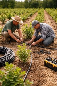 Aronya yetiştiriliğinde damla sulama hattı filtre ve vana sistemi