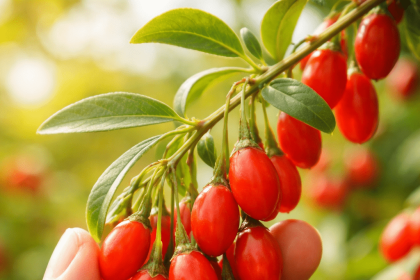 Hasada hazır olgunlaşmış goji berry meyvesi dal üzerinde