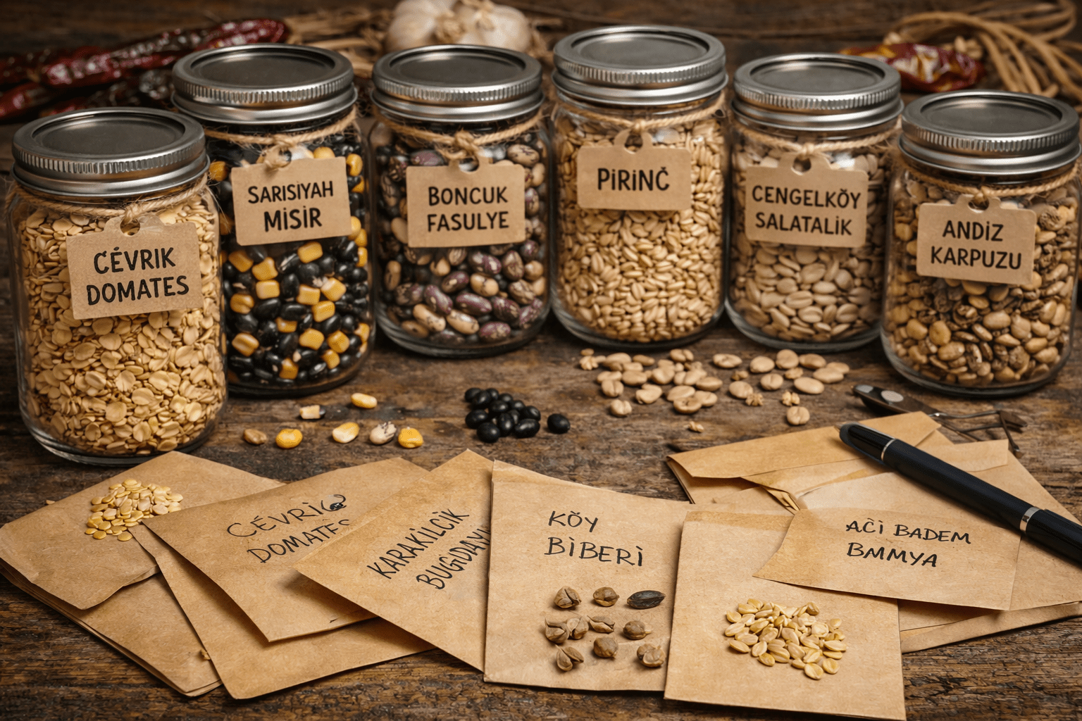 zarflar, cam kavanozlar ve etiketlenmiş ata tohumları